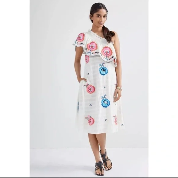 ANTHROPOLOGIE White Floral Embroidered Pullover One Shoulder Maxi Dress M - Picture 1 of 12